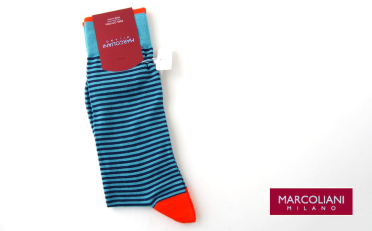 マリコリアーニ｜marcoliani｜ピマコットンクルー丈ボーダーソックス｜ブルー×ネイビー×オレンジイメージ01