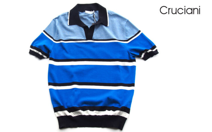クルチアーニ｜Cruciani｜コットンマルチボーダーポロニット｜ブルー×ブラックイメージ01