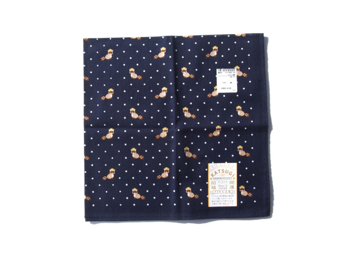 ナイガイ｜NAIGAI｜デザインハンカチーフ｜KATSUGI HANDKERCHIEF｜タヌキ＆王冠｜ネイビーイメージ02