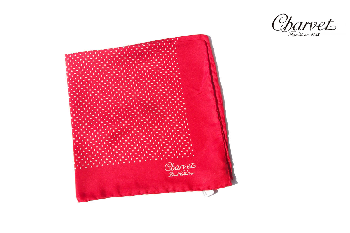 極美品 Charvet シャルべ シルク100% ポケットチーフ白 フランス製 シャルベ｜CHARVET｜ドット柄プリントシルクポケットチーフ｜レッド